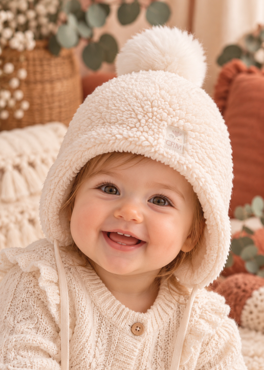 Caciula din Blanita Sherpa Bej cu Ciucure si Legaturi pentru Fetite SPK2693 – Mell Sweet Baby
