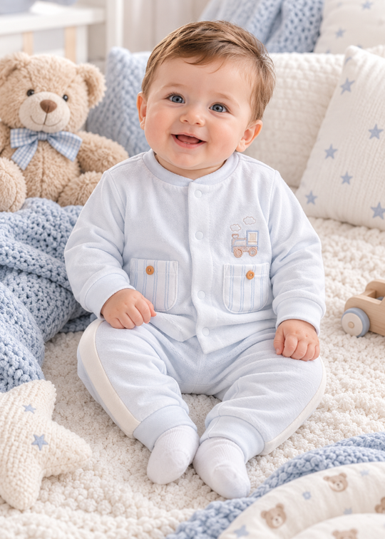 Compleu 2 Piese Bleu cu Jacheta cu Buzunare si Pantaloni cu Dunga Laterala pentru Baieti TKE2743 – Mell Sweet Baby