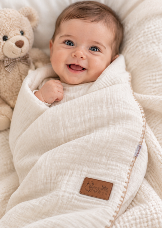 Patura din Muselina si Welsoft Crem cu Margine Cusuta Decorativ BTU2808 – Mell Sweet Baby