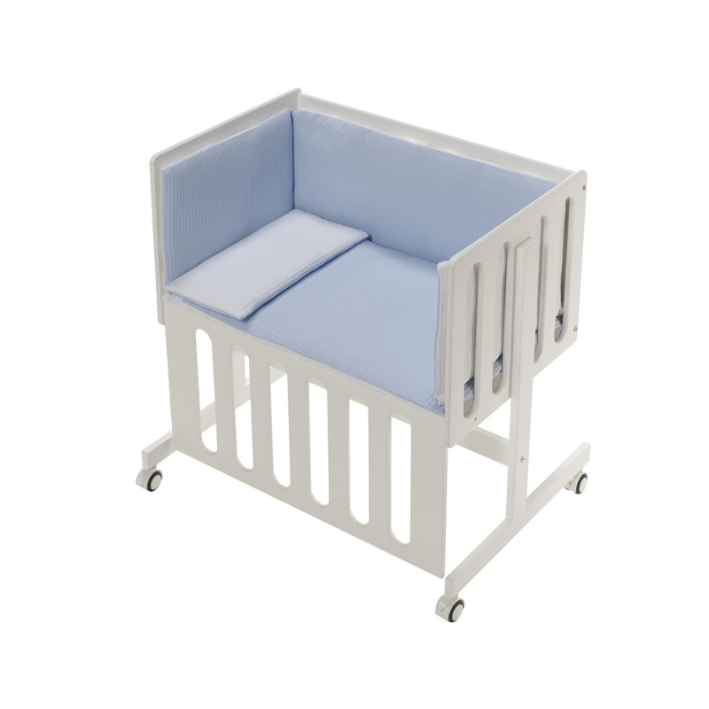 Patut Co-Sleeping Minana Lemn Fag Alb & Set Pilota & Lenjerie Bleu & Saltea DCM014-01