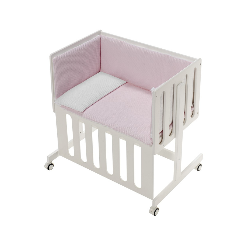 Patut Co-Sleeping Minana Lemn Fag Alb & Set Pilota & Lenjerie Roz & Saltea DCM014-02