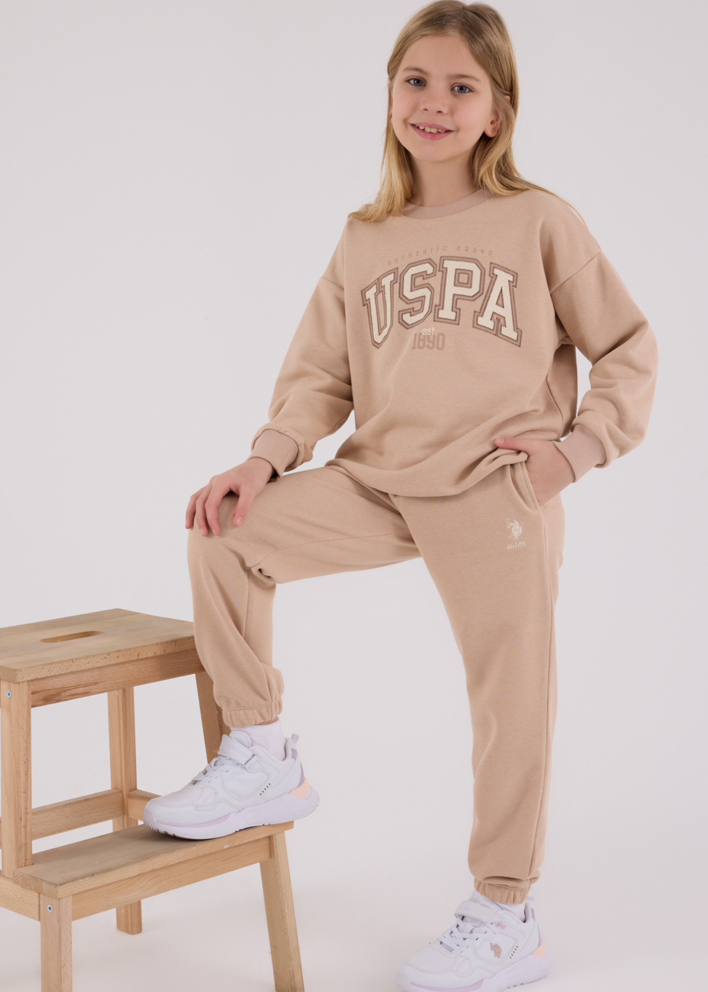 Trening 2 Piese Bej Bluza Sport cu Logo si Pantaloni Lungi US2312-4 Us Polo Assn