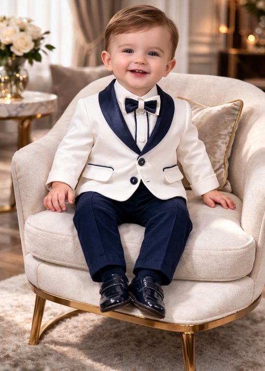 Costum Domenico Sacou Crem Cu Guler Sal Saten Bleumarin AnneBebe