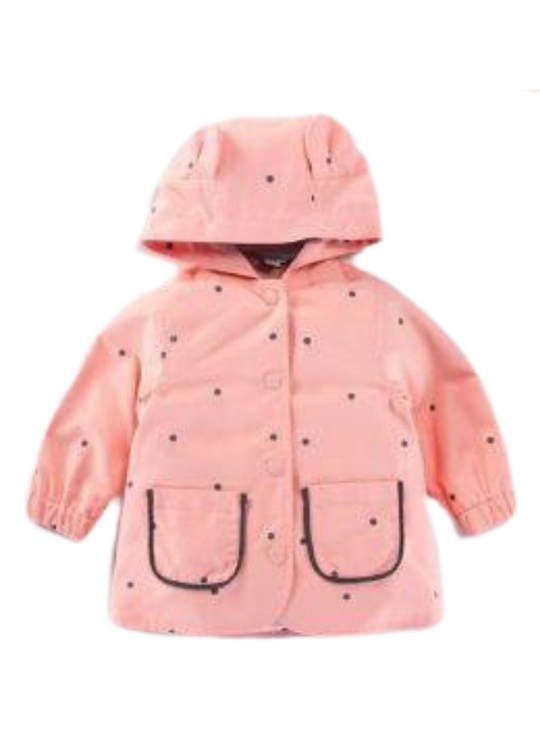 Вітрозахисна куртка рожевого кольору в сірий горошок, капюшон і блискавка M23102 Midimod