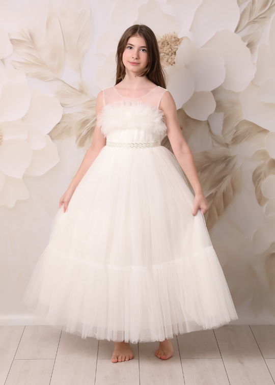 Long Ceremony Dress, Ivory Tulle with Ruffle on Bust and Flakes 10240 Mon Princess