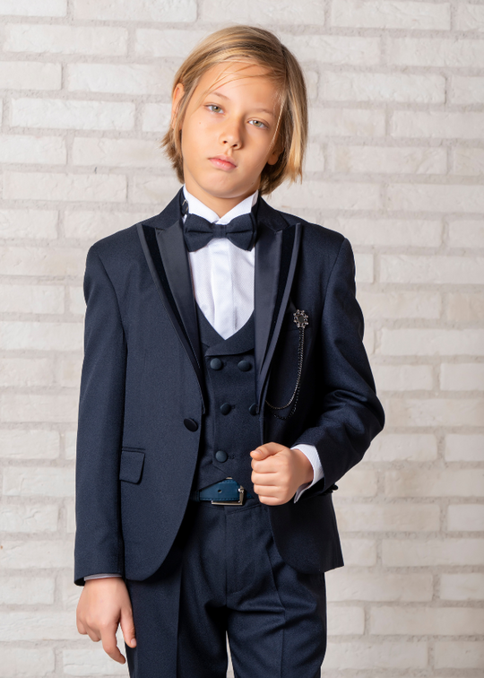 Navy Blue 5 Piece Formal Suit, Velvet Lapel Jacket, Vest, Bow Tie, Pants and White Shirt 20354 Little Gentleman