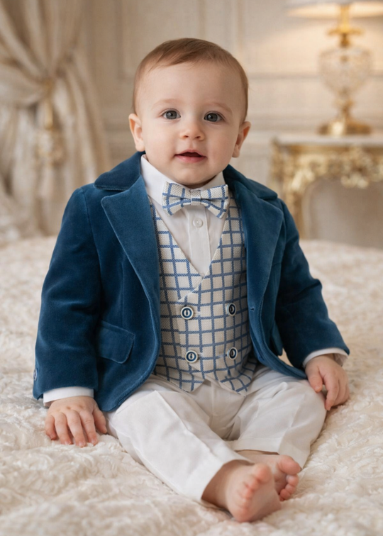 Costum Antonio, Sacou Catifea, Vesta Patratele Bleu, Pantalon Crem AnneBebe