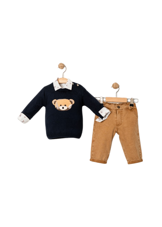 Set 3 Piese Pulover Bleumarin cu Urs Camasa Alba Imprimeu Ursi si Pantaloni Lungi Bej 15055 Bebus