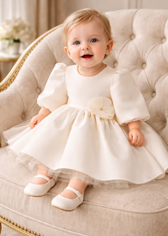 Rochita Cataleya Satin Crem Floare In Talie Si Trena AnneBebe