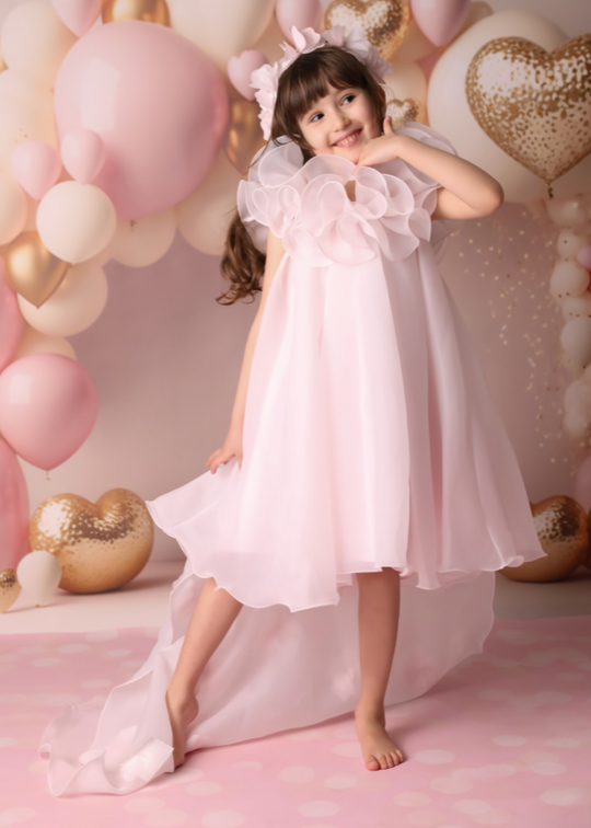 Pink Organza Prom Dress with Applique Flower Train 2962 Mon Princess