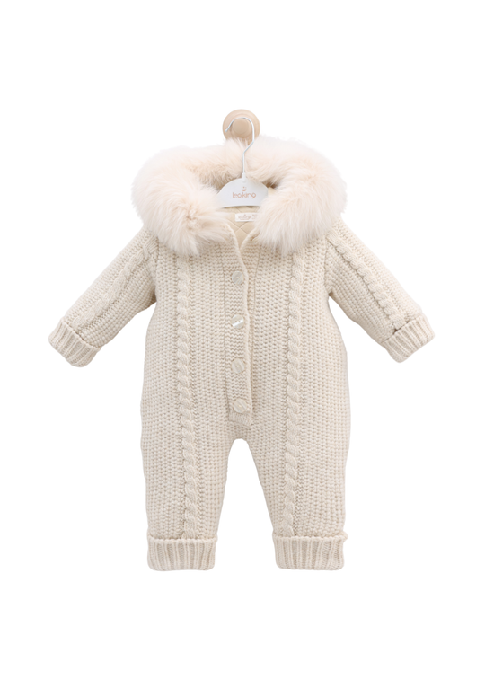 Combinezon Bej cu Lana Merinos cu Blana la Guler si Nasturi 9419 Leo King