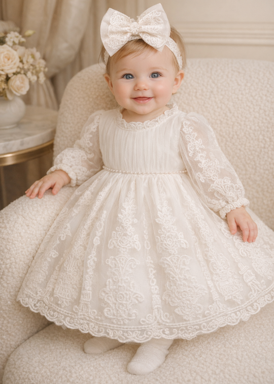 Rochita Blanca Alba Cu Manecute Dantela Brodata Si Perle In Talie AnneBebe