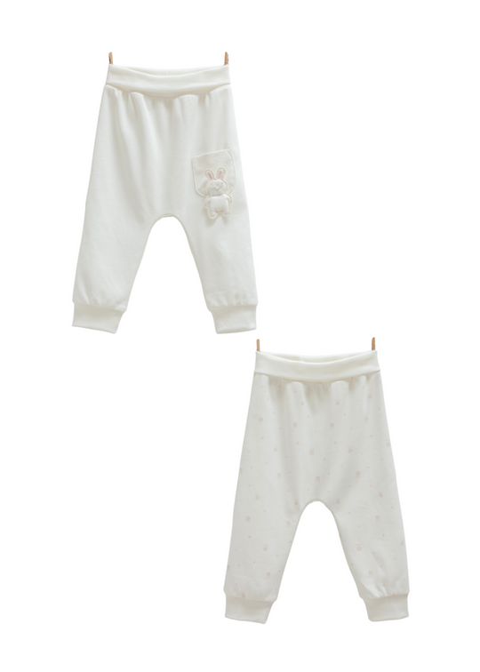 Set 2 Perechi de Pantaloni din Bumbac Crem cu Iepure APK1486 Mell Sweet Baby