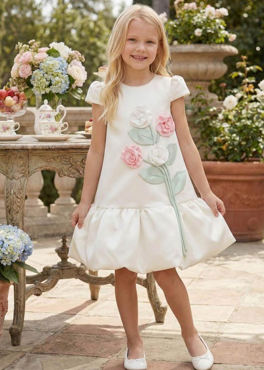 Rochie Creemonie din Seten Maneca Scurta cu Flori 3D 36264PR Pamina