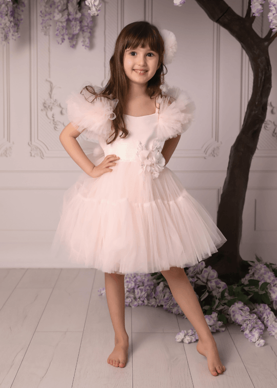 Ceremony Dress, Salmon Bust Brocard with Tulle Skirt and Sleeves 2940 Mon Princess