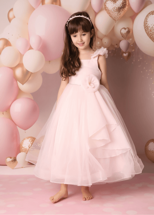 Prom Dress, Long Salmon with Organza Bust, Pleats with Crystals and Beads and Tulle Skirt 2952 Mon Princess