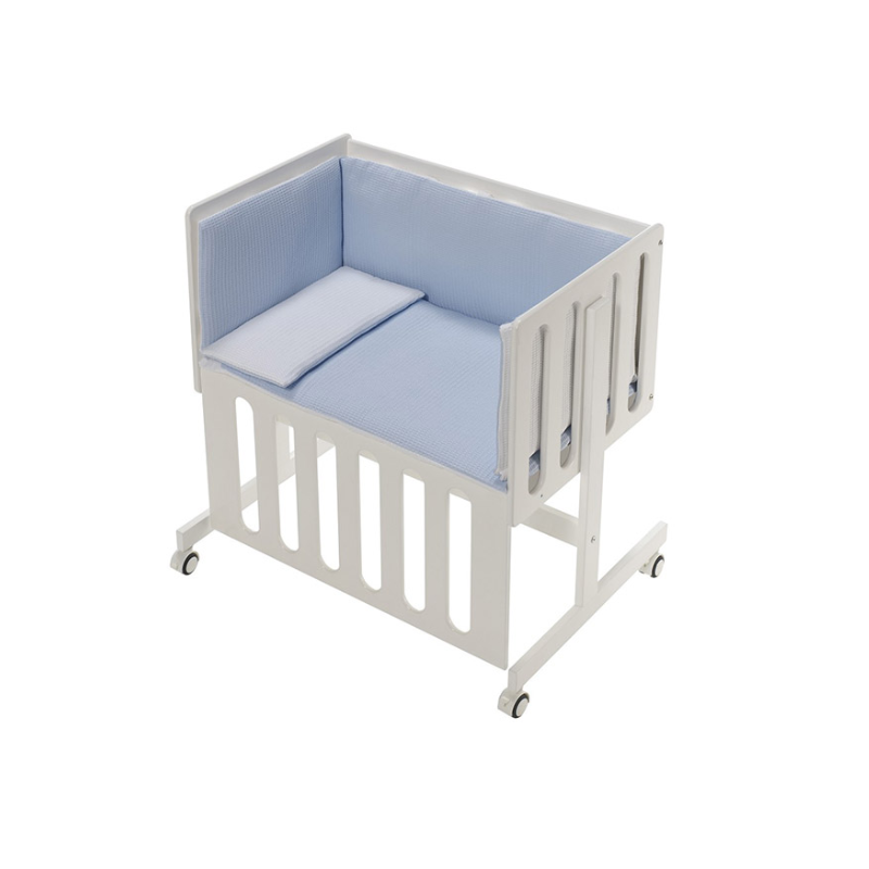 Patut Co-Sleeping Minana Lemn Fag Alb & Set Pilota & Lenjerie Bleu & Saltea DCM014-01