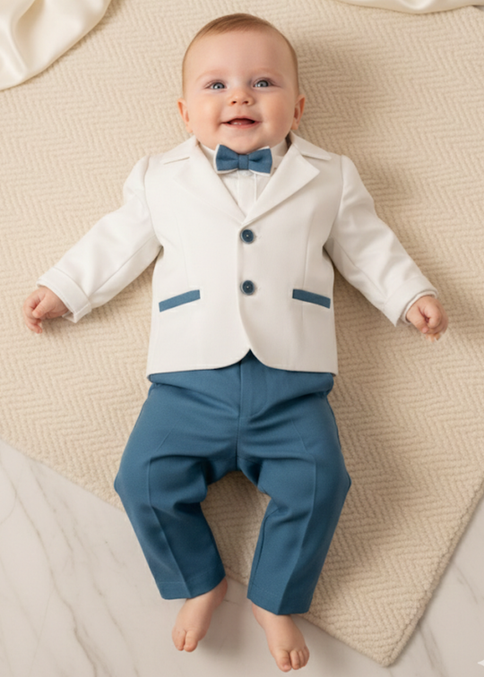 Costum Daniel Sacou Crem Cu Pantalon Si Refileti Albastru Marin AnneBebe