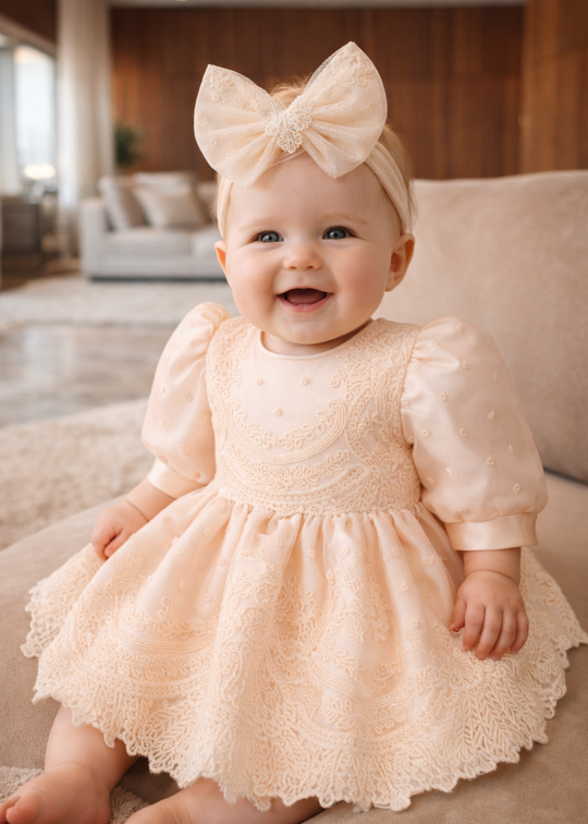 Rochita Aurora Bej Deschis Tull Cu Buline Si Dantela Floricele Capucino AnneBebe