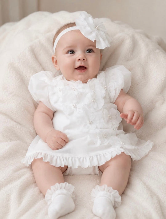 Rochita Linda Satin Crem Cu Flori 3D Si Perle AnneBebe