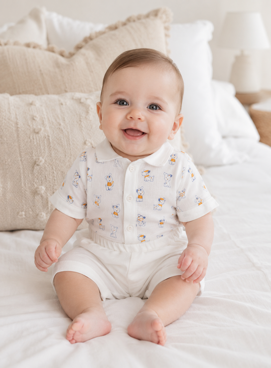 Costum Muselina Crem Camasa Cu Imprimeu Catelusi Si Pantaloni Crem AnneBebe