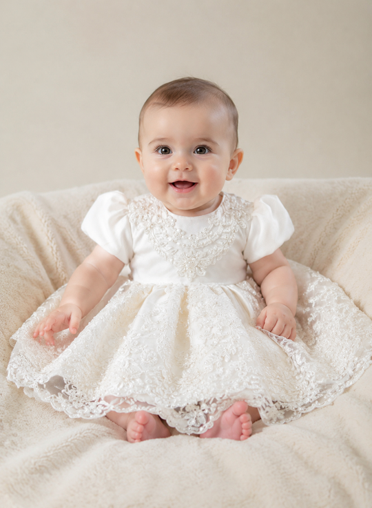 Rochita Kelly Crem Fusta Dantela Lux Cu Perle Si Trena AnneBebe