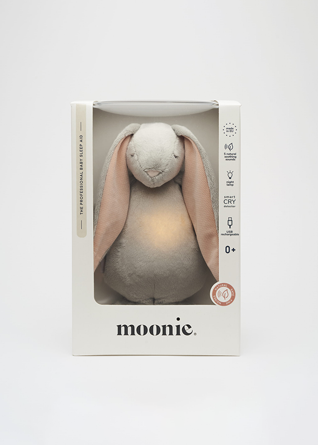 Iepuras Bebe Jucarie Muzicala cu Lampa de Veghe Incorporata Gri cu Roz Moonie 2.0