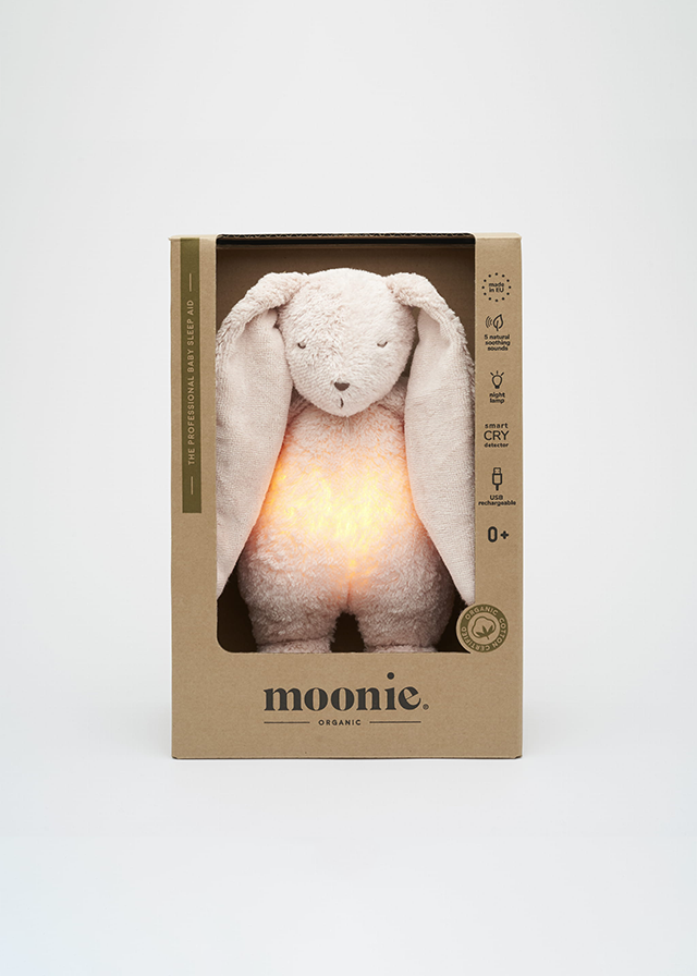 Iepuras Bebe Jucarie Muzicala cu Lampa de Veghe Incorporata Bumbac Organic Rose Natur Moonie 2.0