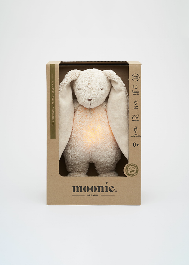 Iepuras Bebe Jucarie Muzicala cu Lampa de Veghe Incorporata Bumbac Organic Sand Natur Moonie 2.0