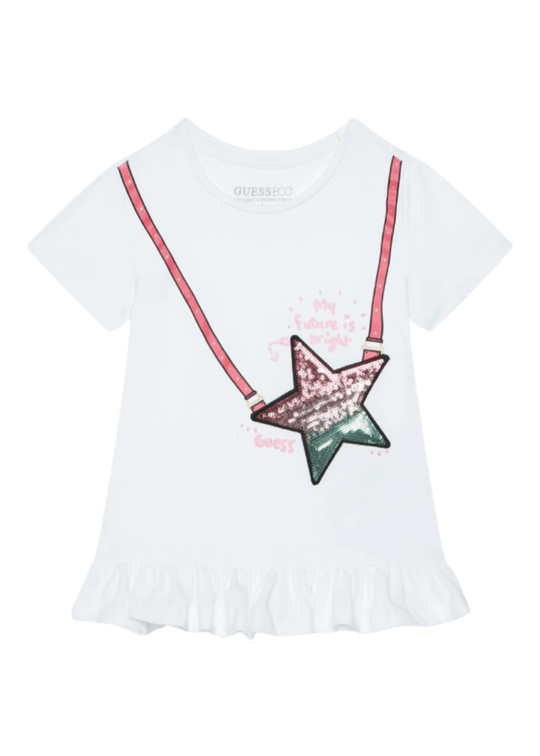 White Short Sleeve T-Shirt With Sequin Star Detail K5RI19 K6YW4 G011 Guess