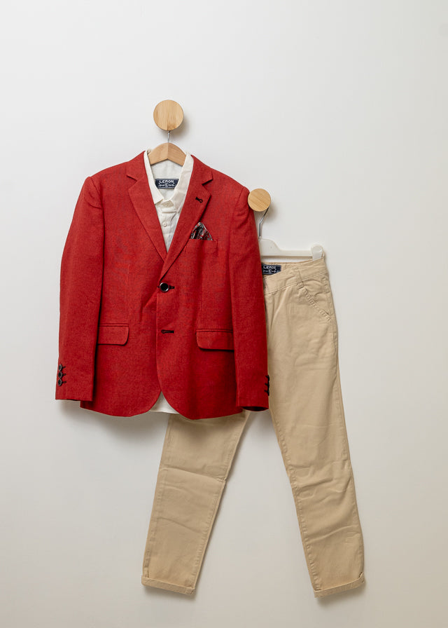 3 Piece Set, Red Jacket, Beige Pants and White Shirt 10077 Lemon