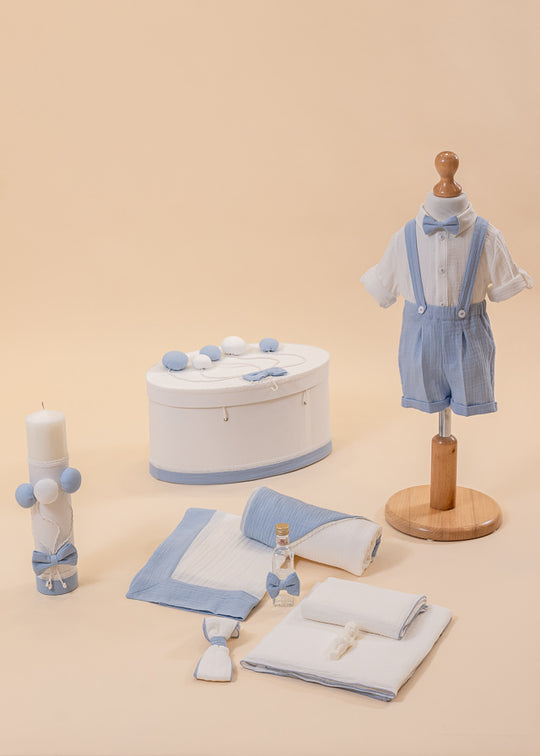 Set Botez David 4 Piese, Costum, Trusou, Lumanare si Cufar Personalizat Botez AnneBebe