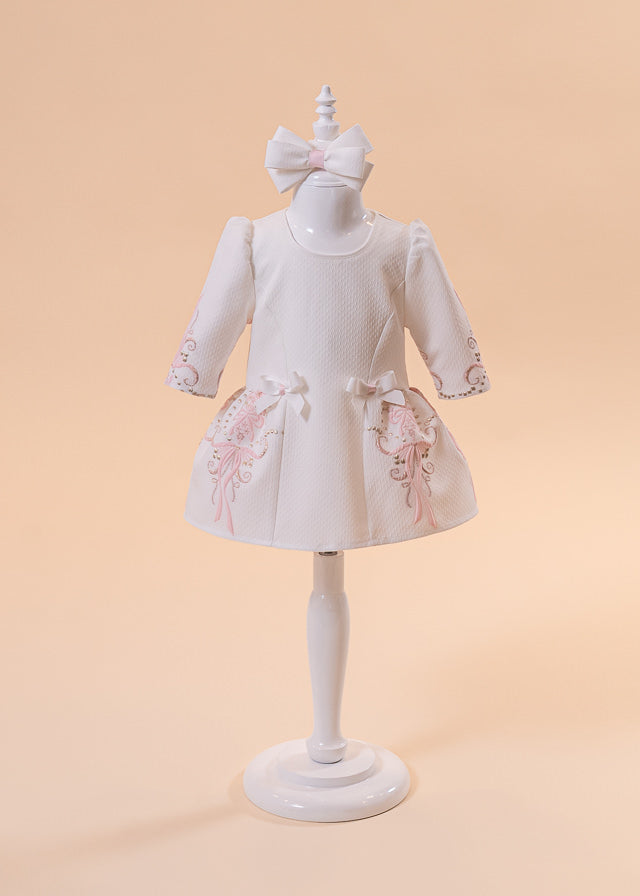 Simona Cream Dress Pink Bows With Gold Border