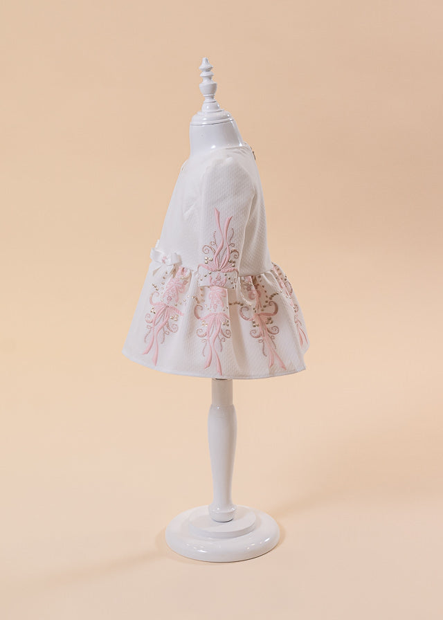 Simona Cream Dress Pink Bows With Gold Border