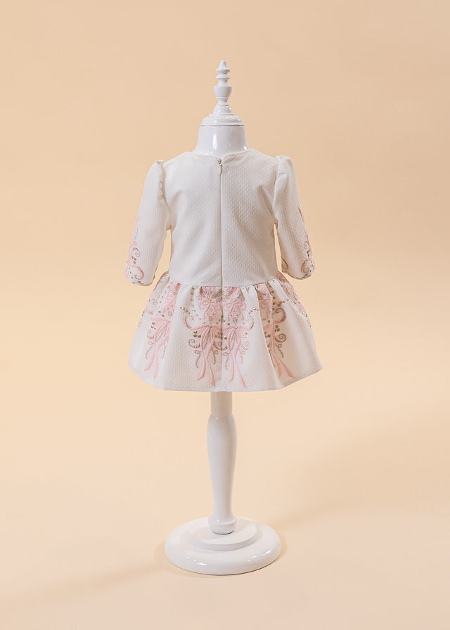 Simona Cream Dress Pink Bows With Gold Border