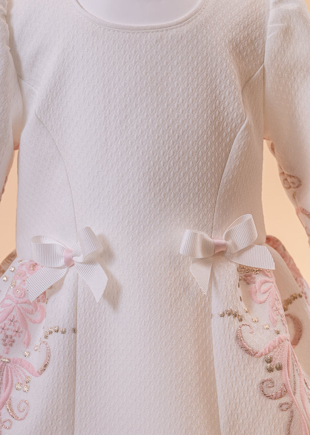 Simona Cream Dress Pink Bows With Gold Border