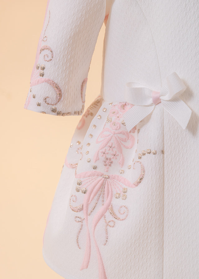 Simona Cream Dress Pink Bows With Gold Border