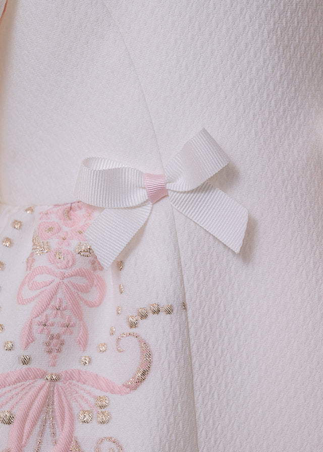 Simona Cream Dress Pink Bows With Gold Border