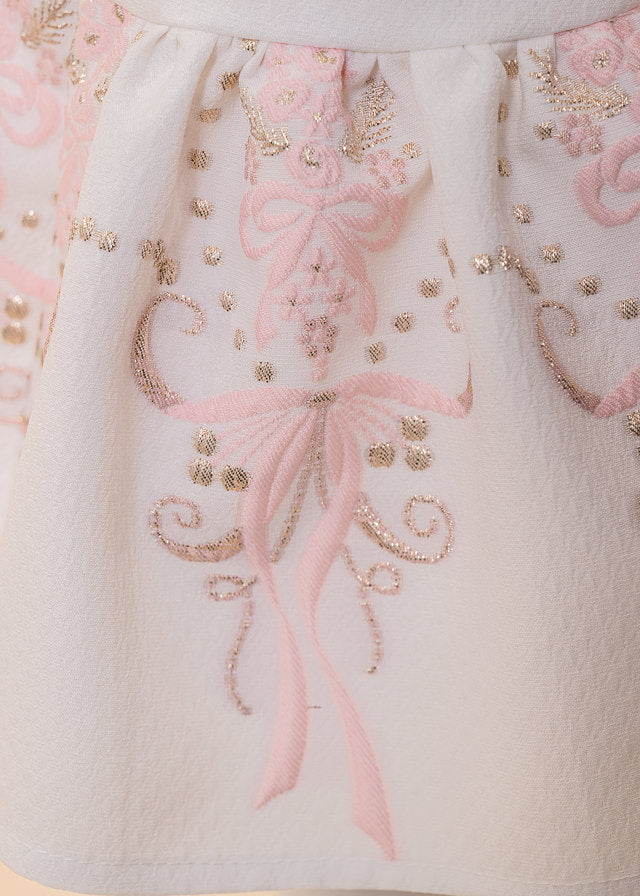 Simona Cream Dress Pink Bows With Gold Border