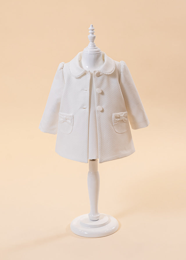 Cream Girls' Coat Straight Fold Back Angled Collar Rhombus Model