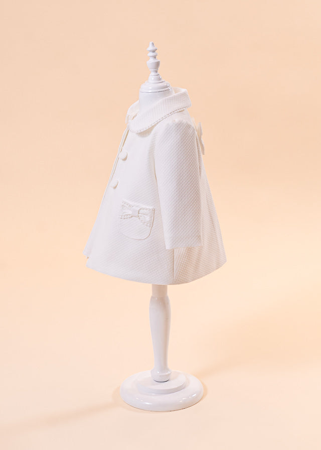 Cream Girls' Coat Straight Fold Back Angled Collar Rhombus Model