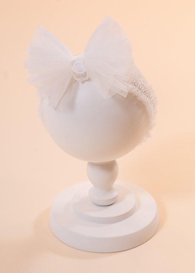 Elegant Headband Cream Tulle Bow With Globule AnneBebe