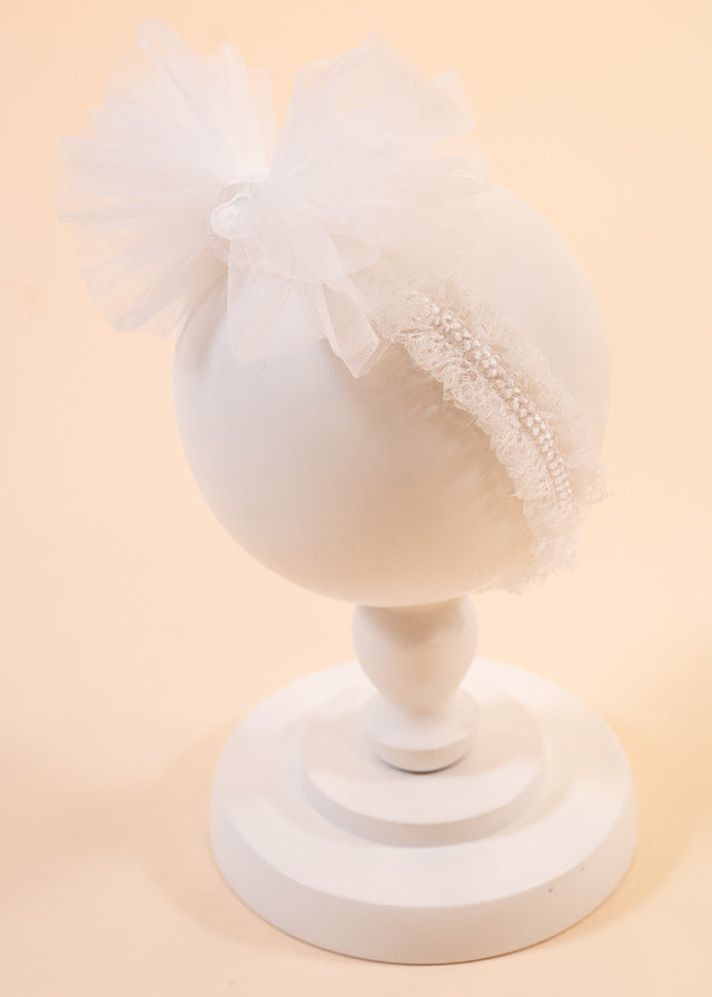 Elegant Headband Cream Tulle Bow With Globule AnneBebe