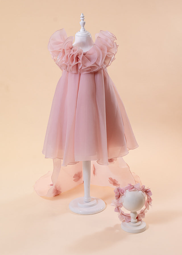 Salmon organza ceremony dress with train with applied flowers art 2962 Mon Princess