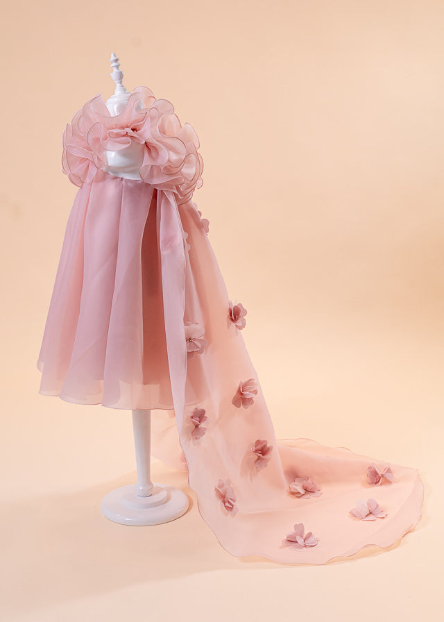 Salmon organza ceremony dress with train with applied flowers art 2962 Mon Princess