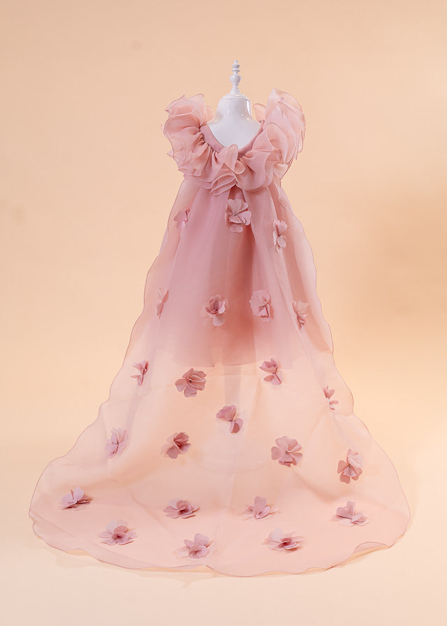 Salmon organza ceremony dress with train with applied flowers art 2962 Mon Princess