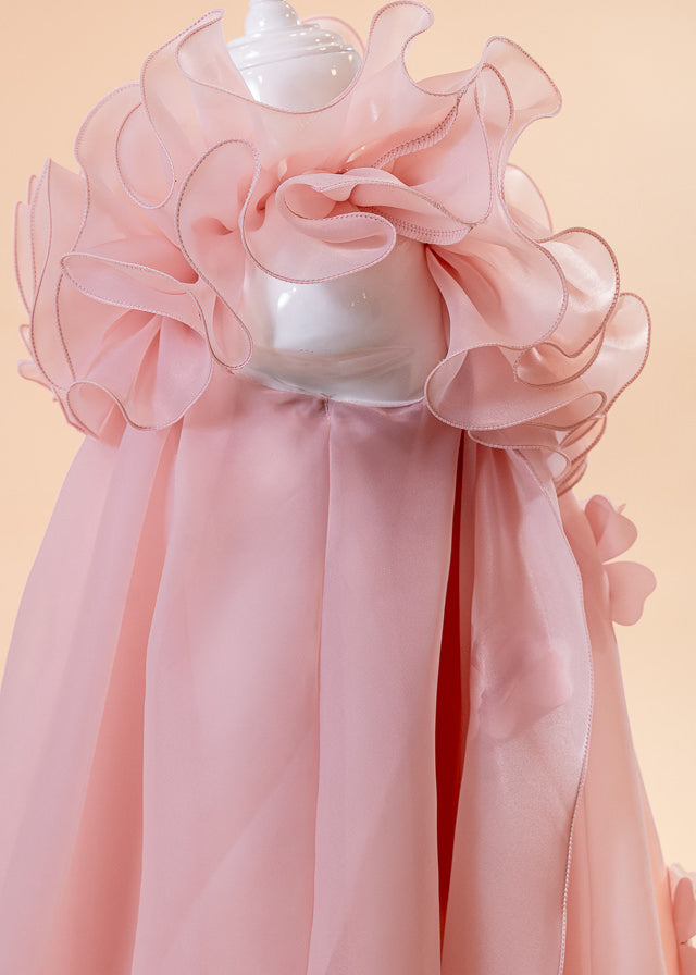 Salmon organza ceremony dress with train with applied flowers art 2962 Mon Princess