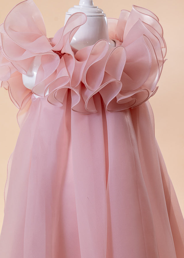 Salmon organza ceremony dress with train with applied flowers art 2962 Mon Princess