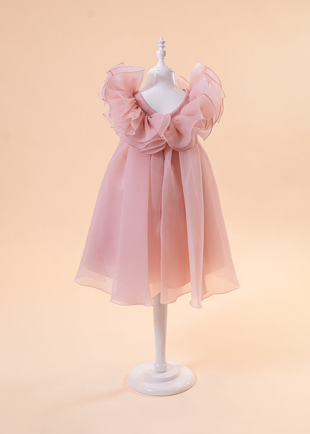 Salmon organza ceremony dress with train with applied flowers art 2962 Mon Princess