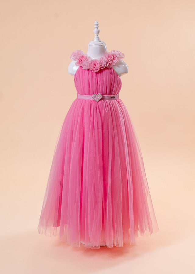 Ceremony Dress, Long Pink Tulle with Appliqued Flowers and Heart at Waist 2934 Mon Princess